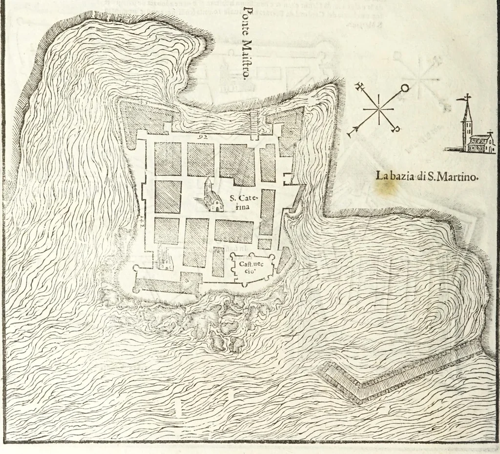 An illustration from Nvova inventione di fabricar fortezze, : di varie forme, in qvalvnqve sito di piano, di monte, in acqua, con diuersi disegni, et vn trattato del modo, che si hà da osseruare in esse, con le sve misvre, et ordine di levar le piante, tanto in fortezze reali, quanto non reali., 1598, leaf 104