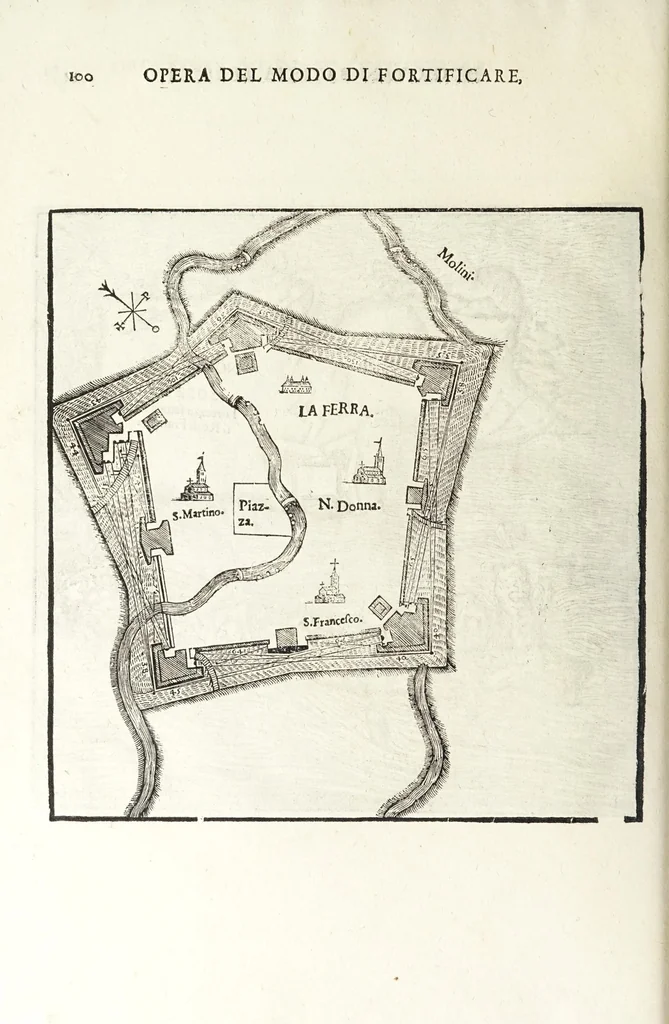 An illustration from Nvova inventione di fabricar fortezze, : di varie forme, in qvalvnqve sito di piano, di monte, in acqua, con diuersi disegni, et vn trattato del modo, che si hà da osseruare in esse, con le sve misvre, et ordine di levar le piante, tanto in fortezze reali, quanto non reali., 1598, leaf 108