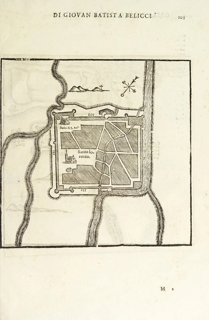 An illustration from Nvova inventione di fabricar fortezze, : di varie forme, in qvalvnqve sito di piano, di monte, in acqua, con diuersi disegni, et vn trattato del modo, che si hà da osseruare in esse, con le sve misvre, et ordine di levar le piante, tanto in fortezze reali, quanto non reali., 1598, leaf 111