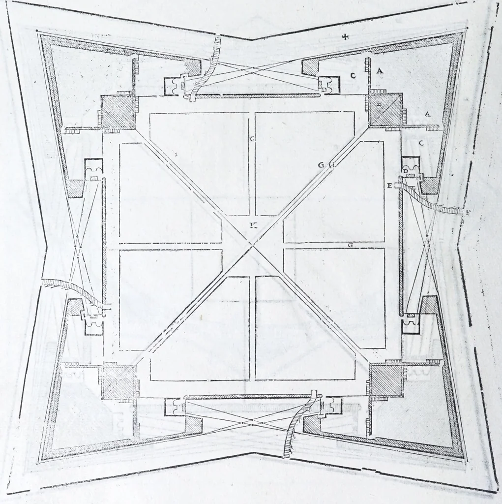 An illustration from Nvova inventione di fabricar fortezze, : di varie forme, in qvalvnqve sito di piano, di monte, in acqua, con diuersi disegni, et vn trattato del modo, che si hà da osseruare in esse, con le sve misvre, et ordine di levar le piante, tanto in fortezze reali, quanto non reali., 1598, leaf 70