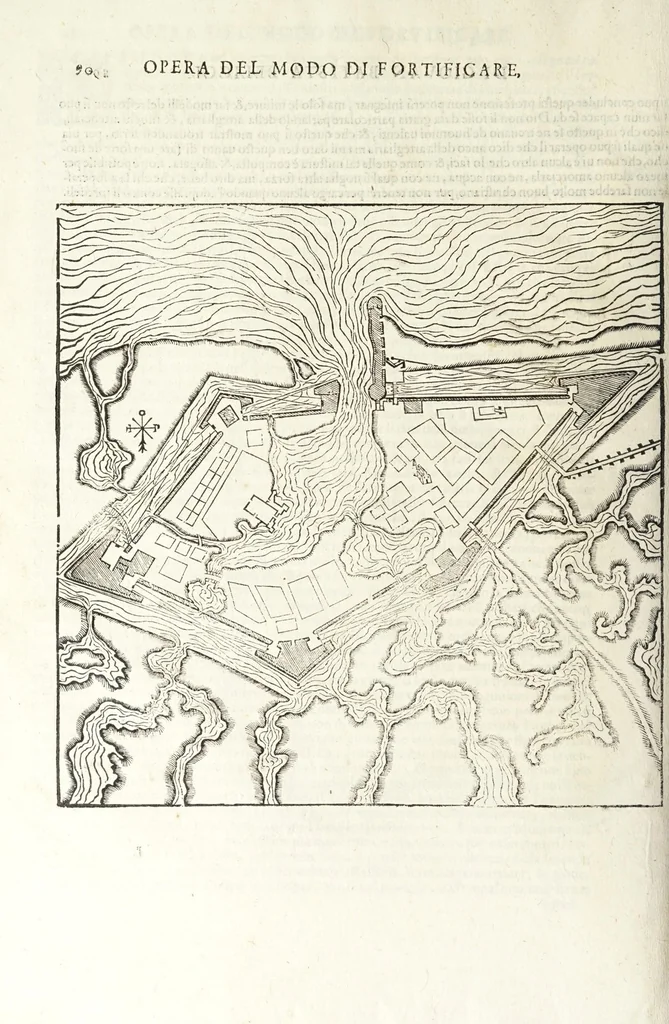 An illustration from Nvova inventione di fabricar fortezze, : di varie forme, in qvalvnqve sito di piano, di monte, in acqua, con diuersi disegni, et vn trattato del modo, che si hà da osseruare in esse, con le sve misvre, et ordine di levar le piante, tanto in fortezze reali, quanto non reali., 1598, leaf 98
