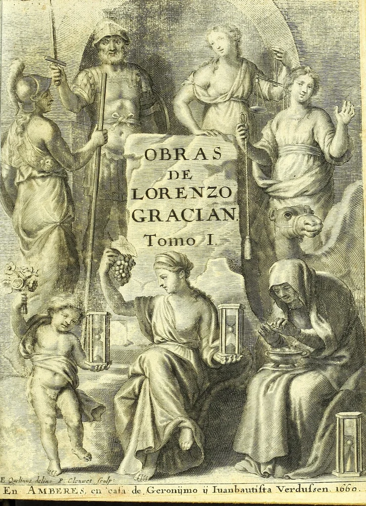 An illustration from Obras de Lorenzo Gracian, divididas en dos tomos, en el primero contiene El criticòn, tratando en la primera parte de la niñez, y juuentud: en la segunda de la varonil edad: y en la tercera de la vejez. El discreto. El politico Fernando el Catholico. El heroe. En el segvndo, La agudeza y arte de ingenio. Oraculo manual y arte de prudencia. En el fin añadimos El comulgatorio de varias meditaciones de la sagrada comunion, 1669, leaf 5