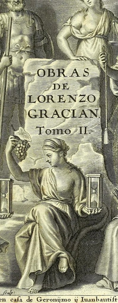 An illustration from Obras de Lorenzo Gracian, divididas en dos tomos, en el primero contiene El criticòn, tratando en la primera parte de la niñez, y juuentud: en la segunda de la varonil edad: y en la tercera de la vejez. El discreto. El politico Fernando el Catholico. El heroe. En el segvndo, La agudeza y arte de ingenio. Oraculo manual y arte de prudencia. En el fin añadimos El comulgatorio de varias meditaciones de la sagrada comunion, 1669, leaf 5