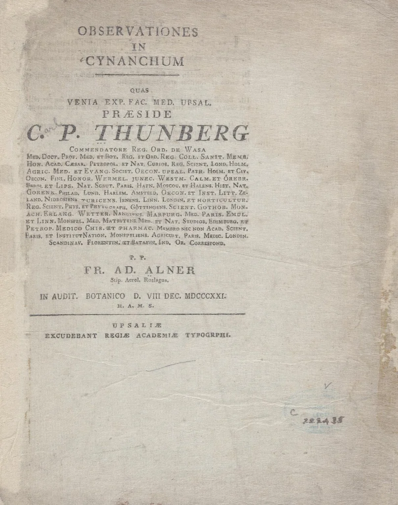 An illustration from Observationes in Cynanchum : quas venia exp. Fac. Med. Upsal. præside C.P. Thunberg ..., 1821, leaf 5