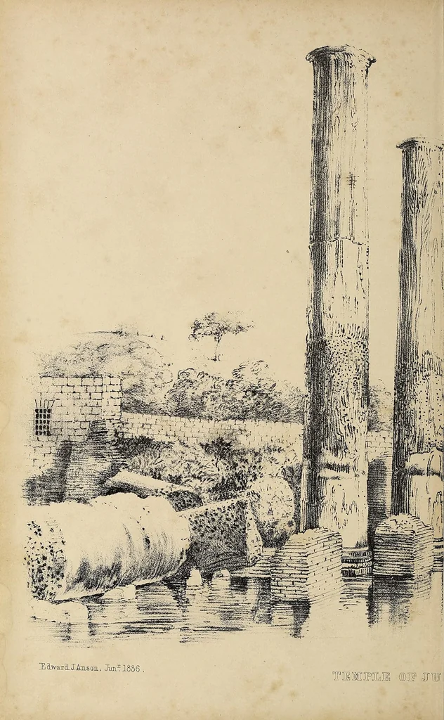 An illustration from Observations on the temple of Serapis at Pozzuoli near Naples : with an attempt to explain the causes of the frequent elevation and depression of large portions of the earth's surface in remote periods and to prove that those causes continue in action at the present time : with a supplement of Conjectures on the physical condition of the surface of the moon, 1847, leaf 48