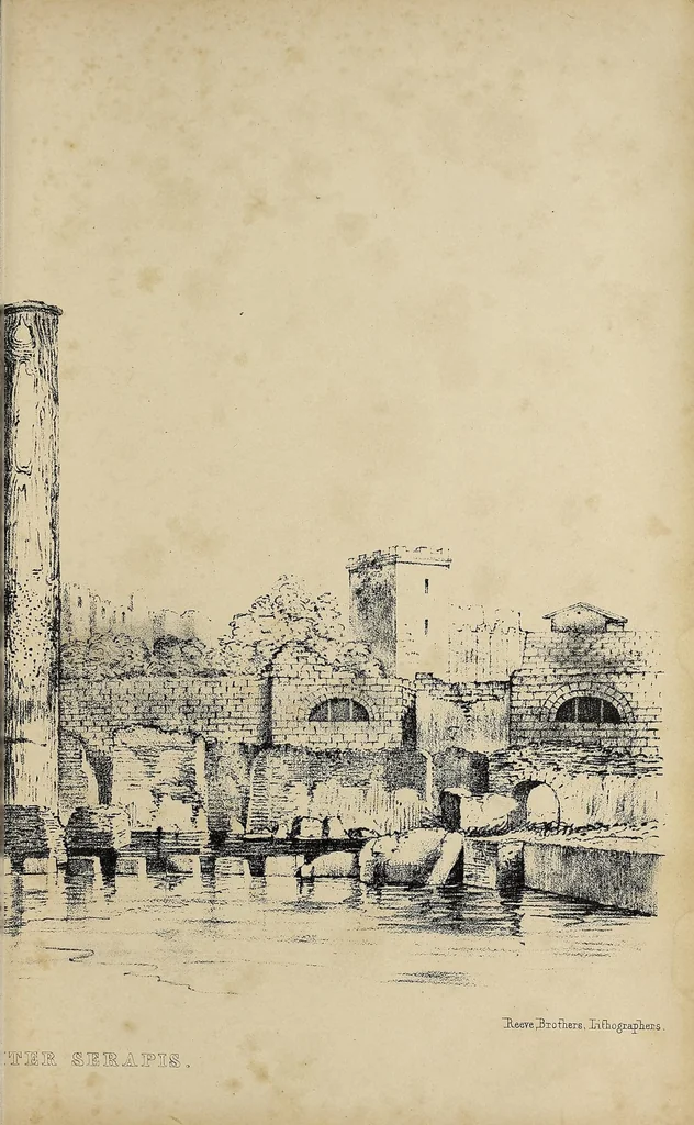 An illustration from Observations on the temple of Serapis at Pozzuoli near Naples : with an attempt to explain the causes of the frequent elevation and depression of large portions of the earth's surface in remote periods and to prove that those causes continue in action at the present time : with a supplement of Conjectures on the physical condition of the surface of the moon, 1847, leaf 49