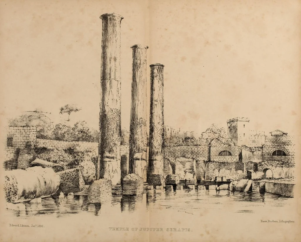 An illustration from Observations on the temple of Serapis at Pozzuoli near Naples : with an attempt to explain the causes of the frequent elevation and depression of large portions of the earth's surface in remote periods and to prove that those causes continue in action at the present time : with a supplement of Conjectures on the physical condition of the surface of the moon, 1847, leaf 51
