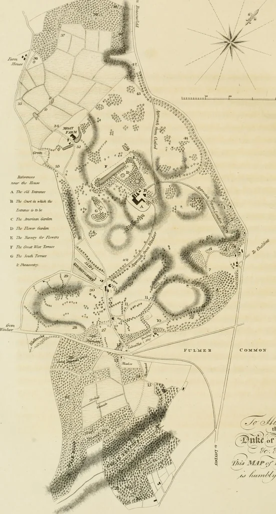 An illustration from Observations on the theory and practice of landscape gardening : including some remarks on Grecian and Gothic architecture, collected from various manuscripts, in the possession of the different noblemen and gentlemen, for whose use they were originally written : the whole tending to establish fixed principles in the respective arts, 1805, leaf 117