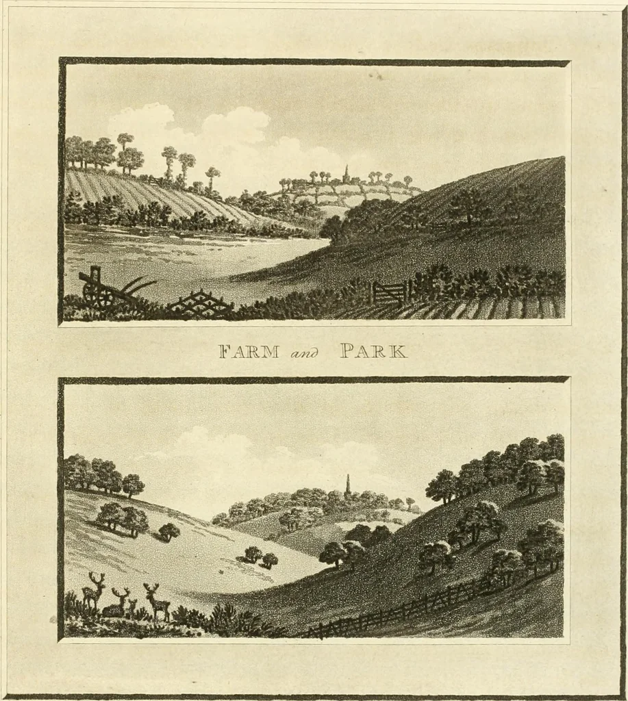 An illustration from Observations on the theory and practice of landscape gardening : including some remarks on Grecian and Gothic architecture, collected from various manuscripts, in the possession of the different noblemen and gentlemen, for whose use they were originally written : the whole tending to establish fixed principles in the respective arts, 1805, leaf 146