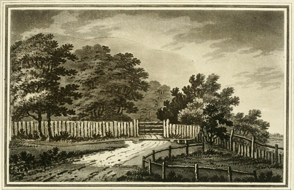 An illustration from Observations on the theory and practice of landscape gardening : including some remarks on Grecian and Gothic architecture, collected from various manuscripts, in the possession of the different noblemen and gentlemen, for whose use they were originally written : the whole tending to establish fixed principles in the respective arts, 1805, leaf 212