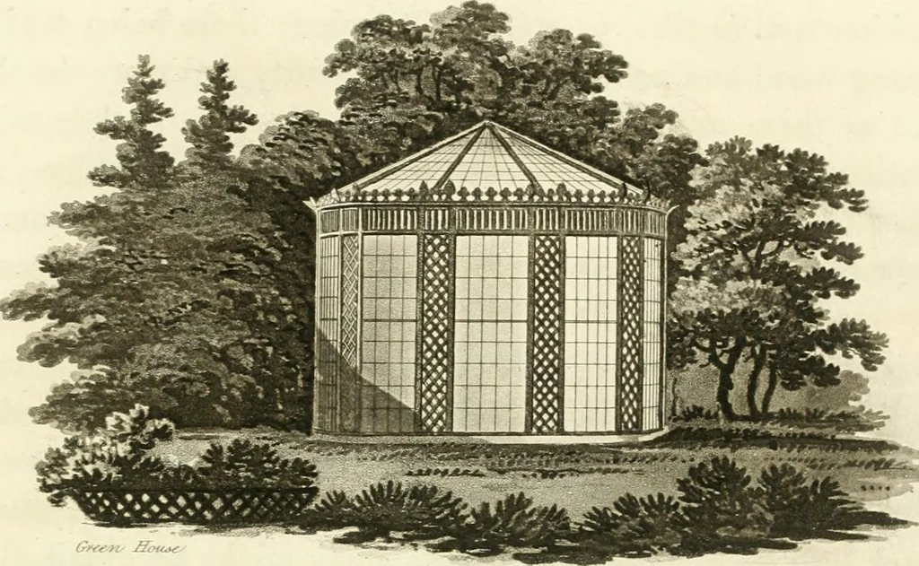 An illustration from Observations on the theory and practice of landscape gardening : including some remarks on Grecian and Gothic architecture, collected from various manuscripts, in the possession of the different noblemen and gentlemen, for whose use they were originally written : the whole tending to establish fixed principles in the respective arts, 1805, leaf 228
