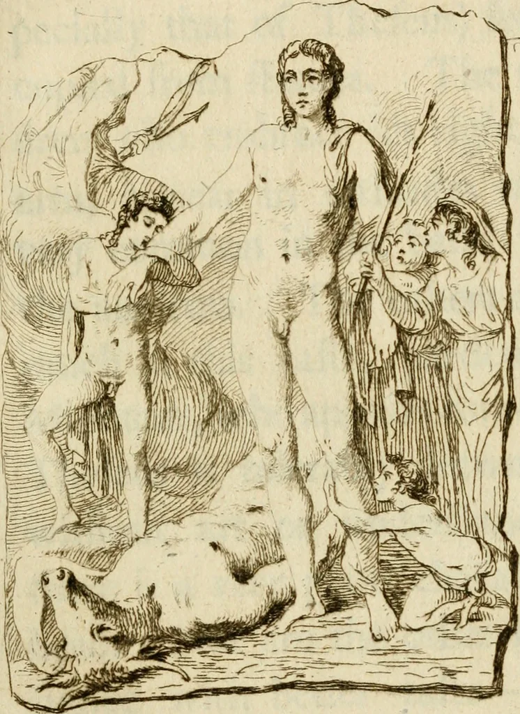 An illustration from Observations upon the antiquities of the town of Herculaneum, discovered at the foot of Mount Vesuvius : with some reflections on the painting and sculpture of the ancients : and a short description of the antiquities in the neighbourhood of Naples, 1754, leaf 100