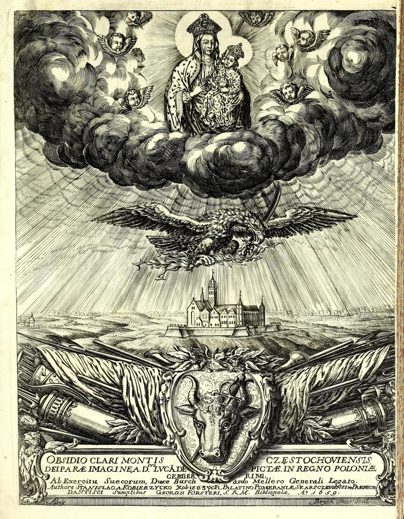 An illustration from Obsidio Clari Montis Cze̜stochoviensis : deiparae imagine a divo Luca depictae in regno Poloniae celeberrimi, ab exercitu Suecorum duce Burchardo Mellero generali legato, 1659, leaf 5
