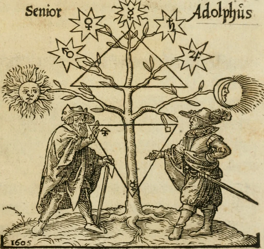 An illustration from Occvlta philosophia : von den verborgenen philosophischen Geheimnussen der heimlichen Goldblumen vnd lapidis philosophorum, was derselbige, vnd wie zu Erlangung dessen zu procediren, aussführlicher Bericht in einem philosophischen Gespräch verfasset : sampt der Schmaragd Taffel, Paraboln, symbolis, vnd 18. sonderbaren Figuren der hochberühmten Philosophen Hermetis Trismegisti vnd F. Basilii Valentini durch welche diese Kunst der philosophischen Goldblumen vollkomlich erkläret an Tag gegeben, 1613, leaf 4