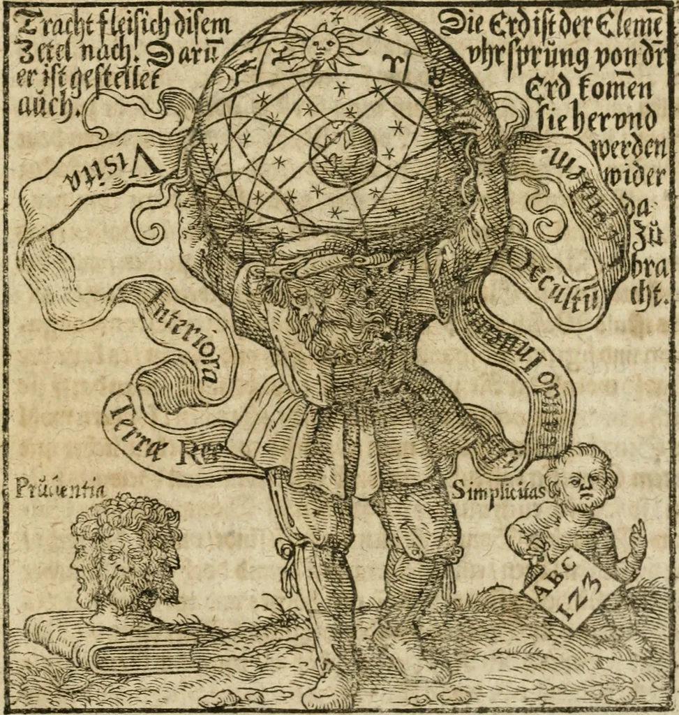 An illustration from Occvlta philosophia : von den verborgenen philosophischen Geheimnussen der heimlichen Goldblumen vnd lapidis philosophorum, was derselbige, vnd wie zu Erlangung dessen zu procediren, aussführlicher Bericht in einem philosophischen Gespräch verfasset : sampt der Schmaragd Taffel, Paraboln, symbolis, vnd 18. sonderbaren Figuren der hochberühmten Philosophen Hermetis Trismegisti vnd F. Basilii Valentini durch welche diese Kunst der philosophischen Goldblumen vollkomlich erkläret an Tag gegeben, 1613, leaf 58