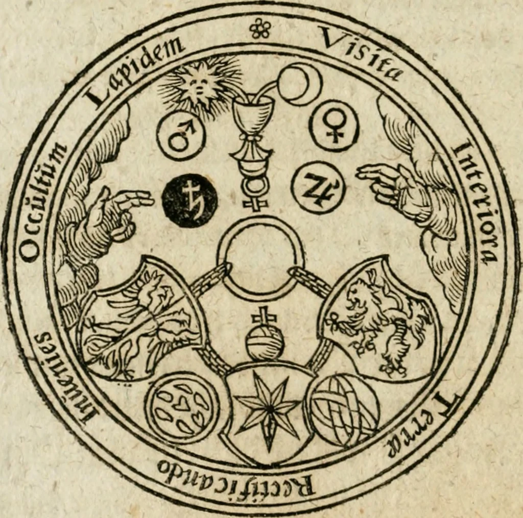 An illustration from Occvlta philosophia : von den verborgenen philosophischen Geheimnussen der heimlichen Goldblumen vnd lapidis philosophorum, was derselbige, vnd wie zu Erlangung dessen zu procediren, aussführlicher Bericht in einem philosophischen Gespräch verfasset : sampt der Schmaragd Taffel, Paraboln, symbolis, vnd 18. sonderbaren Figuren der hochberühmten Philosophen Hermetis Trismegisti vnd F. Basilii Valentini durch welche diese Kunst der philosophischen Goldblumen vollkomlich erkläret an Tag gegeben, 1613, leaf 61