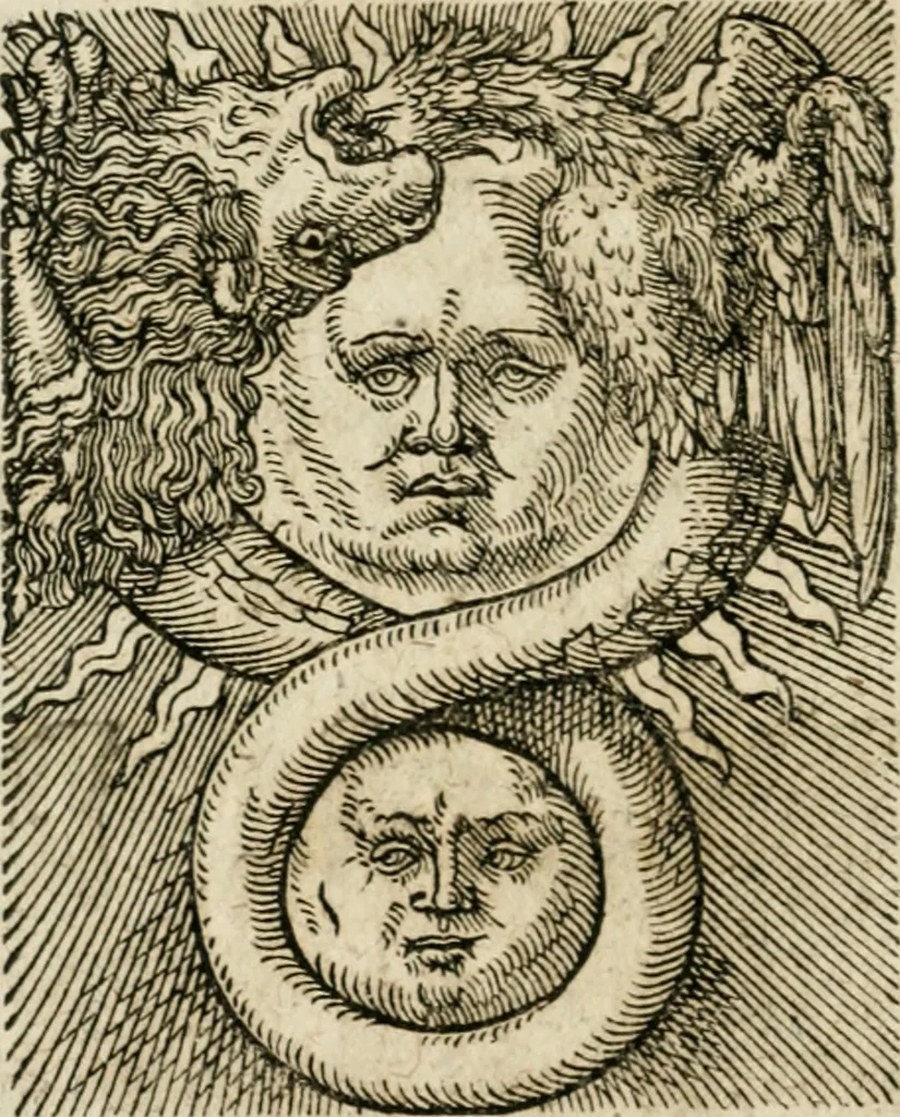 An illustration from Occvlta philosophia : von den verborgenen philosophischen Geheimnussen der heimlichen Goldblumen vnd lapidis philosophorum, was derselbige, vnd wie zu Erlangung dessen zu procediren, aussführlicher Bericht in einem philosophischen Gespräch verfasset : sampt der Schmaragd Taffel, Paraboln, symbolis, vnd 18. sonderbaren Figuren der hochberühmten Philosophen Hermetis Trismegisti vnd F. Basilii Valentini durch welche diese Kunst der philosophischen Goldblumen vollkomlich erkläret an Tag gegeben, 1613, leaf 65