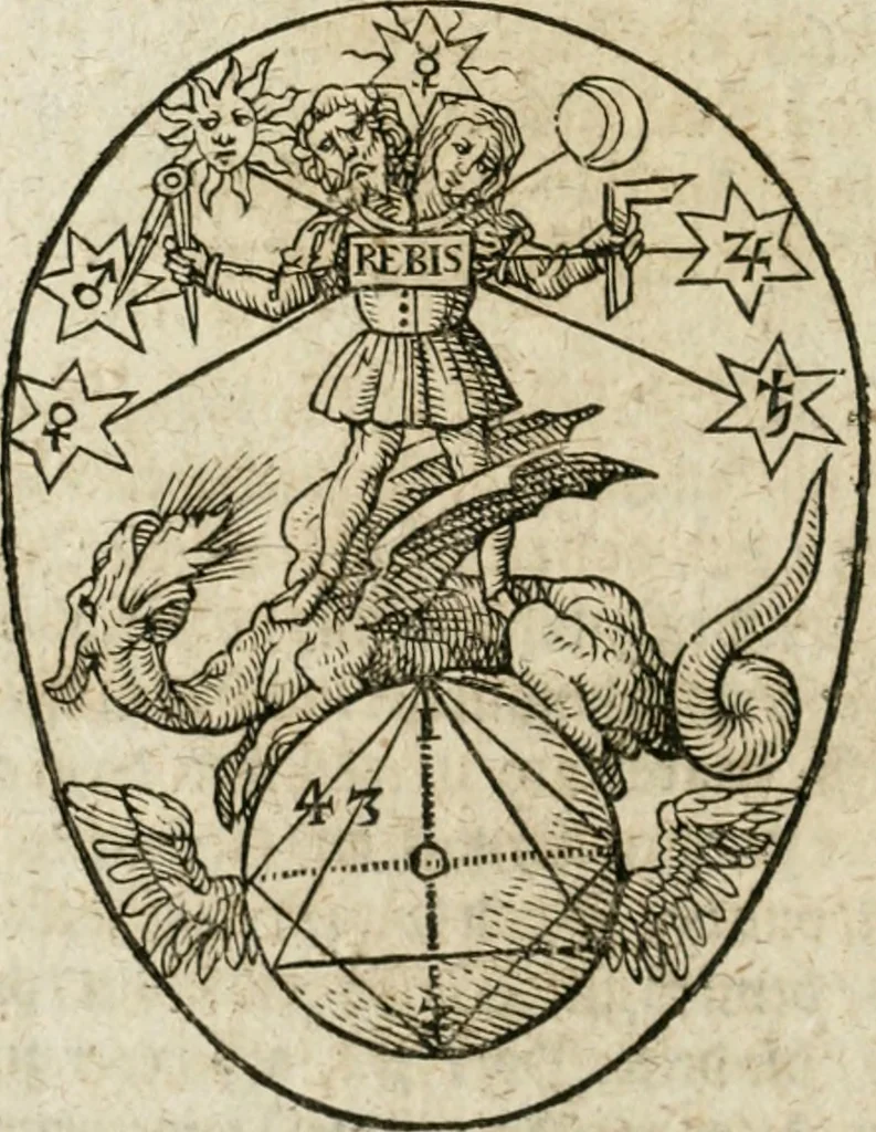An illustration from Occvlta philosophia : von den verborgenen philosophischen Geheimnussen der heimlichen Goldblumen vnd lapidis philosophorum, was derselbige, vnd wie zu Erlangung dessen zu procediren, aussführlicher Bericht in einem philosophischen Gespräch verfasset : sampt der Schmaragd Taffel, Paraboln, symbolis, vnd 18. sonderbaren Figuren der hochberühmten Philosophen Hermetis Trismegisti vnd F. Basilii Valentini durch welche diese Kunst der philosophischen Goldblumen vollkomlich erkläret an Tag gegeben, 1613, leaf 67