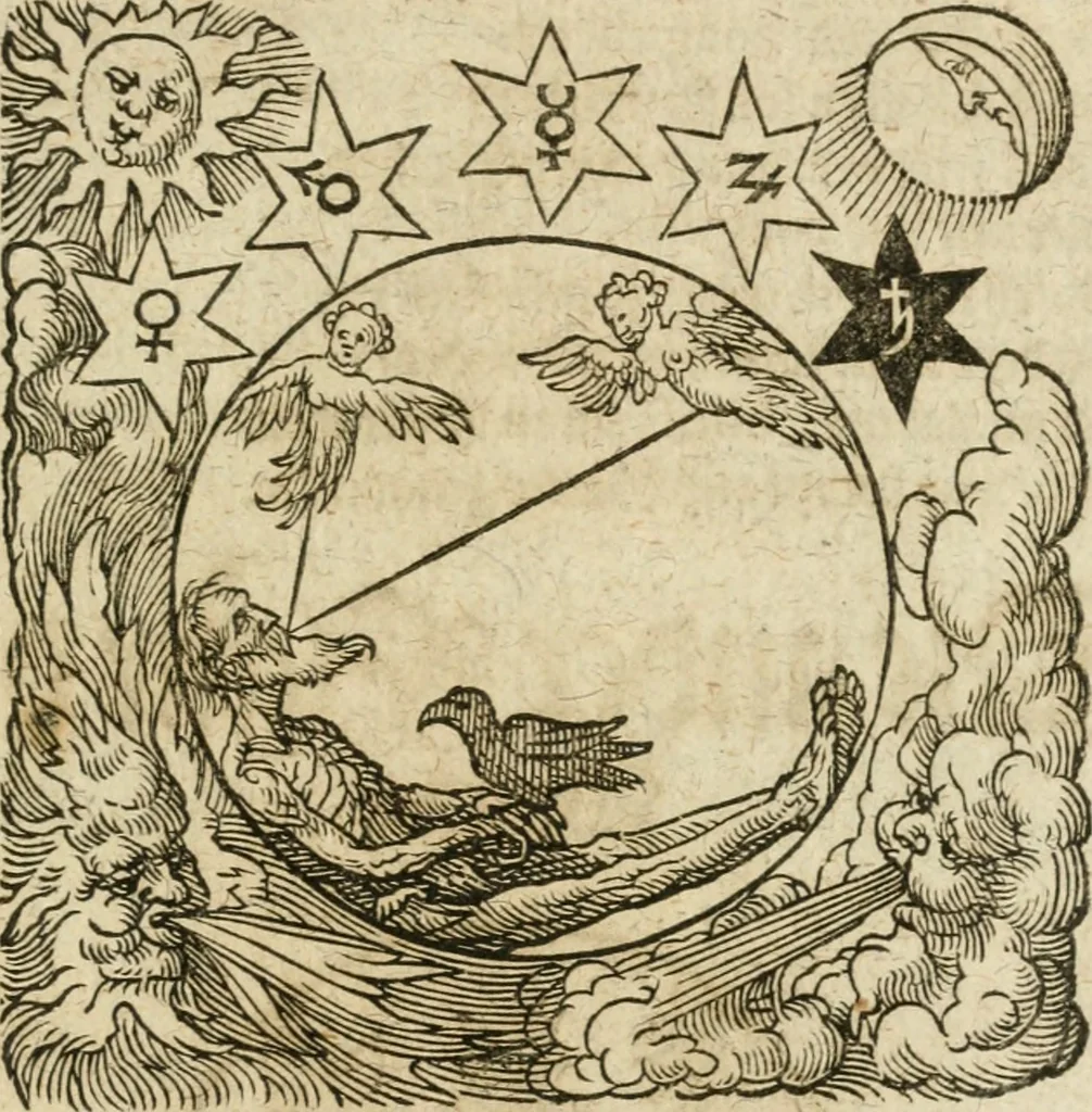 An illustration from Occvlta philosophia : von den verborgenen philosophischen Geheimnussen der heimlichen Goldblumen vnd lapidis philosophorum, was derselbige, vnd wie zu Erlangung dessen zu procediren, aussführlicher Bericht in einem philosophischen Gespräch verfasset : sampt der Schmaragd Taffel, Paraboln, symbolis, vnd 18. sonderbaren Figuren der hochberühmten Philosophen Hermetis Trismegisti vnd F. Basilii Valentini durch welche diese Kunst der philosophischen Goldblumen vollkomlich erkläret an Tag gegeben, 1613, leaf 70