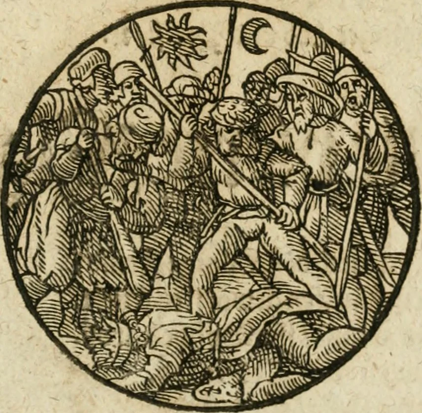 An illustration from Occvlta philosophia : von den verborgenen philosophischen Geheimnussen der heimlichen Goldblumen vnd lapidis philosophorum, was derselbige, vnd wie zu Erlangung dessen zu procediren, aussführlicher Bericht in einem philosophischen Gespräch verfasset : sampt der Schmaragd Taffel, Paraboln, symbolis, vnd 18. sonderbaren Figuren der hochberühmten Philosophen Hermetis Trismegisti vnd F. Basilii Valentini durch welche diese Kunst der philosophischen Goldblumen vollkomlich erkläret an Tag gegeben, 1613, leaf 72