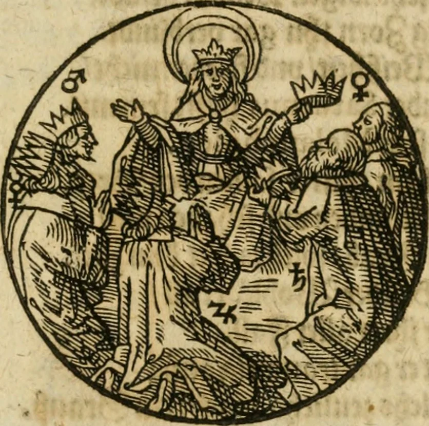An illustration from Occvlta philosophia : von den verborgenen philosophischen Geheimnussen der heimlichen Goldblumen vnd lapidis philosophorum, was derselbige, vnd wie zu Erlangung dessen zu procediren, aussführlicher Bericht in einem philosophischen Gespräch verfasset : sampt der Schmaragd Taffel, Paraboln, symbolis, vnd 18. sonderbaren Figuren der hochberühmten Philosophen Hermetis Trismegisti vnd F. Basilii Valentini durch welche diese Kunst der philosophischen Goldblumen vollkomlich erkläret an Tag gegeben, 1613, leaf 76