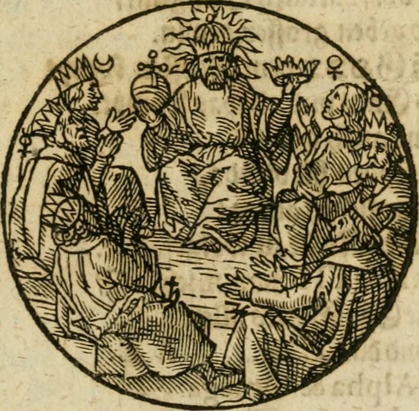 An illustration from Occvlta philosophia : von den verborgenen philosophischen Geheimnussen der heimlichen Goldblumen vnd lapidis philosophorum, was derselbige, vnd wie zu Erlangung dessen zu procediren, aussführlicher Bericht in einem philosophischen Gespräch verfasset : sampt der Schmaragd Taffel, Paraboln, symbolis, vnd 18. sonderbaren Figuren der hochberühmten Philosophen Hermetis Trismegisti vnd F. Basilii Valentini durch welche diese Kunst der philosophischen Goldblumen vollkomlich erkläret an Tag gegeben, 1613, leaf 78