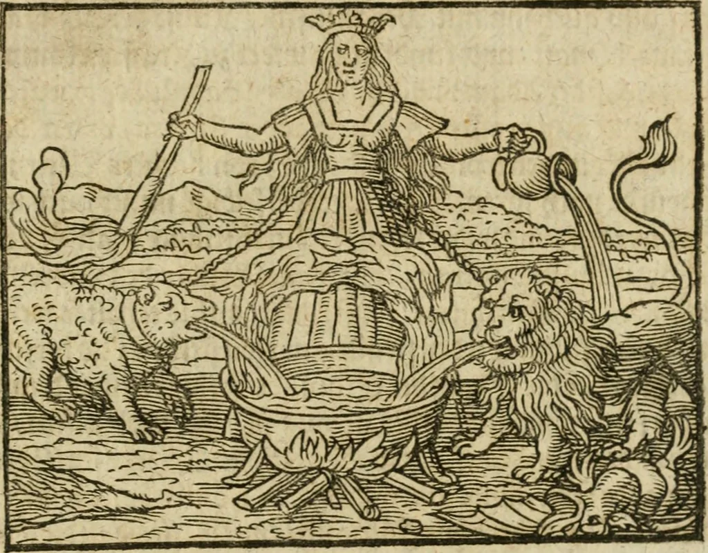 An illustration from Occvlta philosophia : von den verborgenen philosophischen Geheimnussen der heimlichen Goldblumen vnd lapidis philosophorum, was derselbige, vnd wie zu Erlangung dessen zu procediren, aussführlicher Bericht in einem philosophischen Gespräch verfasset : sampt der Schmaragd Taffel, Paraboln, symbolis, vnd 18. sonderbaren Figuren der hochberühmten Philosophen Hermetis Trismegisti vnd F. Basilii Valentini durch welche diese Kunst der philosophischen Goldblumen vollkomlich erkläret an Tag gegeben, 1613, leaf 86