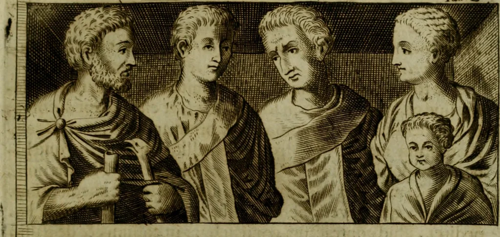 An illustration from Octauij Ferrarij Analecta de re vestiaria, siue, Exercitationes ad Alberti Rubenij Commentarium de re vestiaria, & lato clauo : accessit Dissertatio de veterum lucernis sepulchralibus, 1670, leaf 90