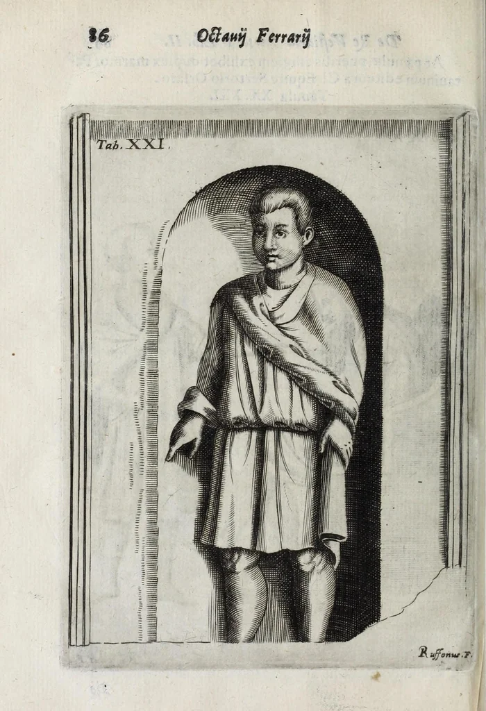 An illustration from Octavii Ferrari de re vestiaria, libri septem : quatuor postremi nunc primum prodeunt : reliqui emendatiores & auctiores .., 1654, leaf 398