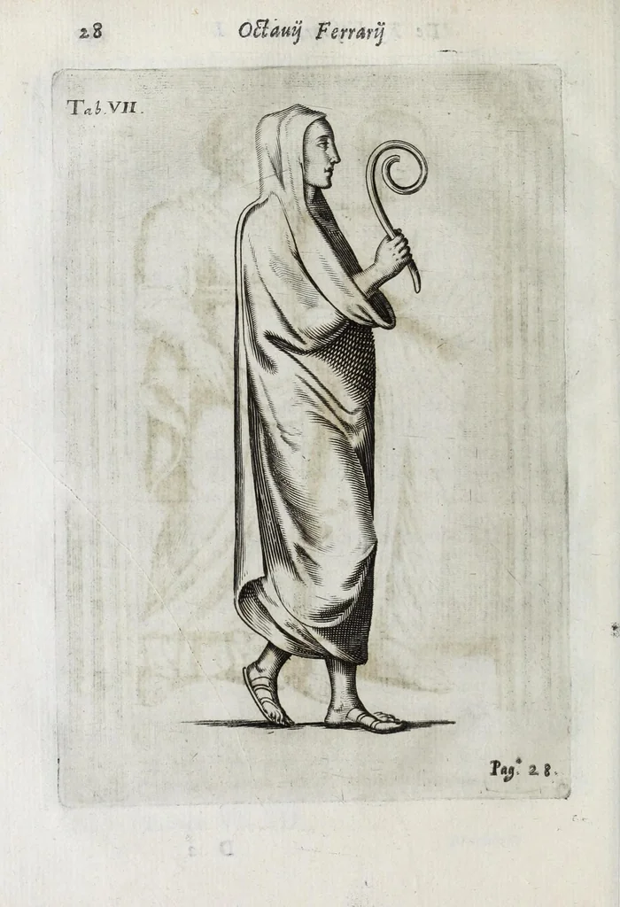 An illustration from Octavii Ferrari de re vestiaria, libri septem : quatuor postremi nunc primum prodeunt : reliqui emendatiores & auctiores .., 1654, leaf 64