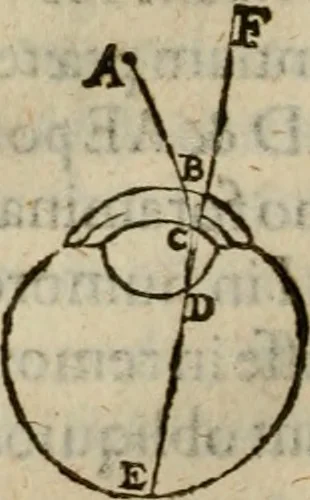 An illustration from Oculus hoc est : fundamentum opticum in quo ex accurata oculi anatome, abstrusarum experientiarum sedula pervestigatione, ex inuisis specierum visibilium tam euerso quam erecto situ spectaculis, necnon solidis rationum momentis radius visualis eruitur sua visioni in oculo sedes decernitur, angvli visorii ingenium aperitur ..., 1619, leaf 113