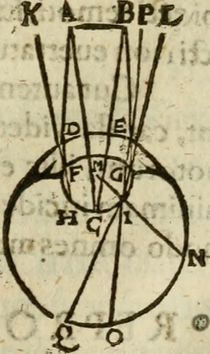 An illustration from Oculus hoc est : fundamentum opticum in quo ex accurata oculi anatome, abstrusarum experientiarum sedula pervestigatione, ex inuisis specierum visibilium tam euerso quam erecto situ spectaculis, necnon solidis rationum momentis radius visualis eruitur sua visioni in oculo sedes decernitur, angvli visorii ingenium aperitur ..., 1619, leaf 116
