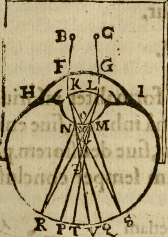 An illustration from Oculus hoc est : fundamentum opticum in quo ex accurata oculi anatome, abstrusarum experientiarum sedula pervestigatione, ex inuisis specierum visibilium tam euerso quam erecto situ spectaculis, necnon solidis rationum momentis radius visualis eruitur sua visioni in oculo sedes decernitur, angvli visorii ingenium aperitur ..., 1619, leaf 130