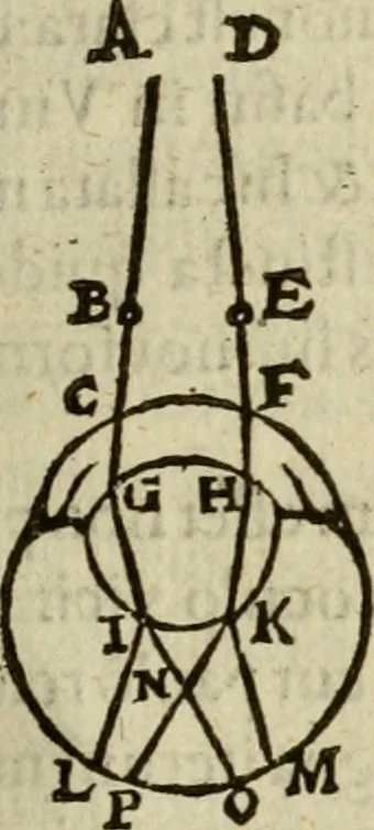 An illustration from Oculus hoc est : fundamentum opticum in quo ex accurata oculi anatome, abstrusarum experientiarum sedula pervestigatione, ex inuisis specierum visibilium tam euerso quam erecto situ spectaculis, necnon solidis rationum momentis radius visualis eruitur sua visioni in oculo sedes decernitur, angvli visorii ingenium aperitur ..., 1619, leaf 188