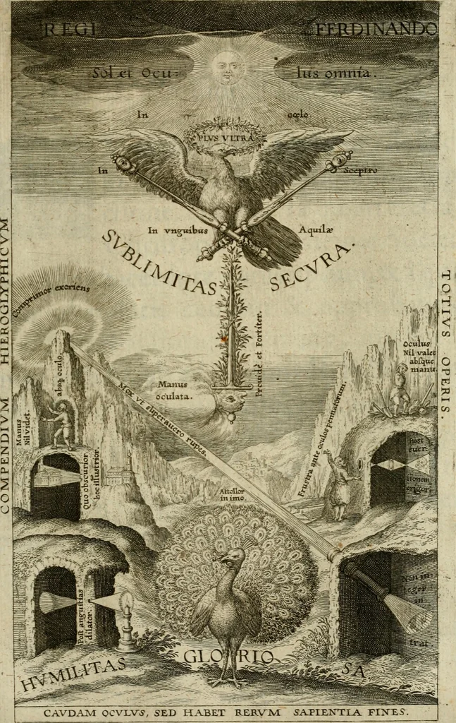 An illustration from Oculus hoc est : fundamentum opticum in quo ex accurata oculi anatome, abstrusarum experientiarum sedula pervestigatione, ex inuisis specierum visibilium tam euerso quam erecto situ spectaculis, necnon solidis rationum momentis radius visualis eruitur sua visioni in oculo sedes decernitur, angvli visorii ingenium aperitur ..., 1619, leaf 8