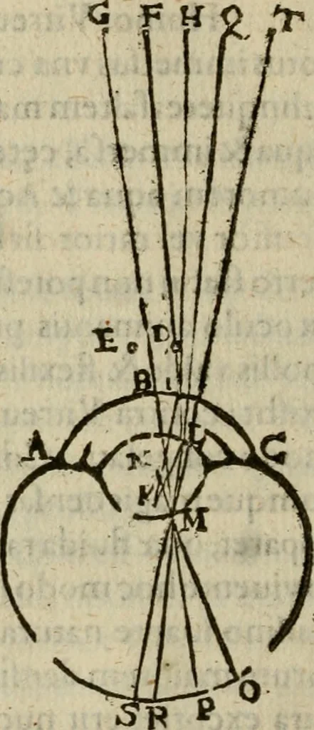 An illustration from Oculus hoc est : fundamentum opticum in quo ex accurata oculi anatome, abstrusarum experientiarum sedula pervestigatione, ex inuisis specierum visibilium tam euerso quam erecto situ spectaculis, necnon solidis rationum momentis radius visualis eruitur sua visioni in oculo sedes decernitur, angvli visorii ingenium aperitur ..., 1619, leaf 83