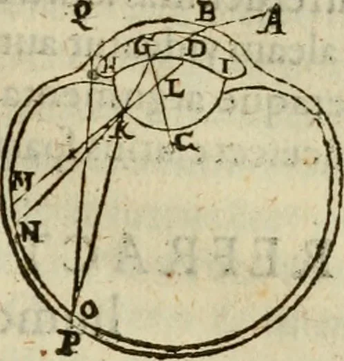An illustration from Oculus hoc est : fundamentum opticum in quo ex accurata oculi anatome, abstrusarum experientiarum sedula pervestigatione, ex inuisis specierum visibilium tam euerso quam erecto situ spectaculis, necnon solidis rationum momentis radius visualis eruitur sua visioni in oculo sedes decernitur, angvli visorii ingenium aperitur ..., 1619, leaf 86