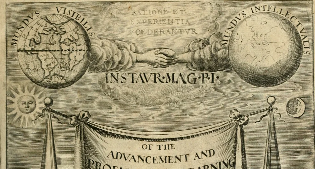 An illustration from Of the advancement and proficience of learning; or, The partitions of sciences, IX bookes. Written in Latin by the most eminent, illustrious Lord Francis Bacon, 1640, leaf 8