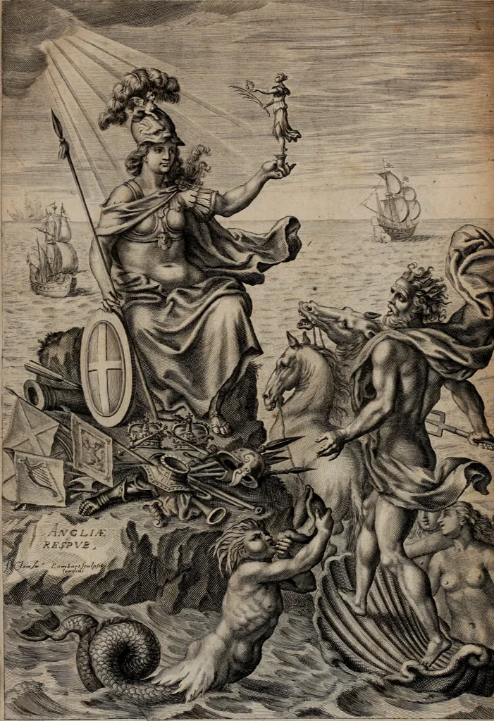 An illustration from Of the dominion, or, ownership of the sea two books. In the first is shew'd, that the sea, by the lavv of nature, or nations, is not common to all men, but capable of private dominion or proprietie, as well as the land. In the second is proved, that the dominion of the British sea, or that which incompasseth the isle of Great Britain, is, and ever hath been, a part or appendant of the empire of that island. Written at first in Latin, and entituled, Mare clausum seu, De dominio maris, by John Selden ... Translated into English; and set forth with som additional evidences and discourses, 1652, leaf 10