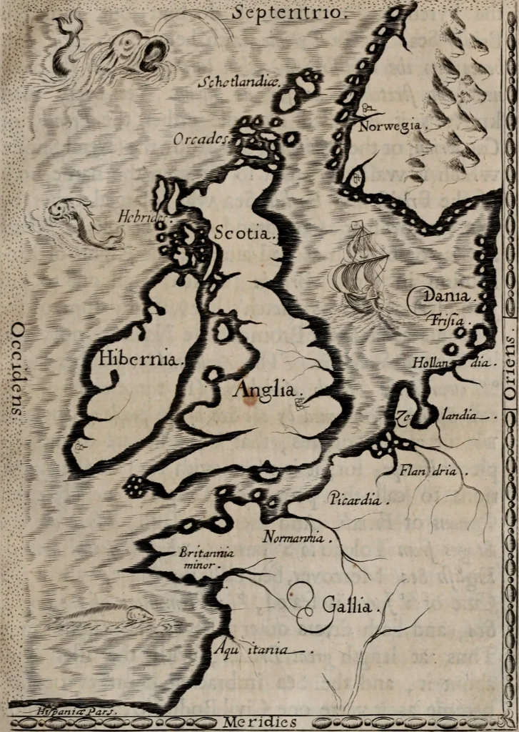 An illustration from Of the dominion, or, ownership of the sea two books. In the first is shew'd, that the sea, by the lavv of nature, or nations, is not common to all men, but capable of private dominion or proprietie, as well as the land. In the second is proved, that the dominion of the British sea, or that which incompasseth the isle of Great Britain, is, and ever hath been, a part or appendant of the empire of that island. Written at first in Latin, and entituled, Mare clausum seu, De dominio maris, by John Selden ... Translated into English; and set forth with som additional evidences and discourses, 1652, leaf 238
