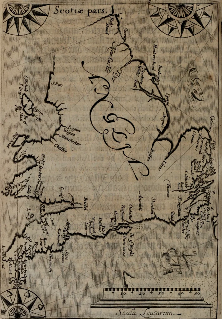 An illustration from Of the dominion, or, ownership of the sea two books. In the first is shew'd, that the sea, by the lavv of nature, or nations, is not common to all men, but capable of private dominion or proprietie, as well as the land. In the second is proved, that the dominion of the British sea, or that which incompasseth the isle of Great Britain, is, and ever hath been, a part or appendant of the empire of that island. Written at first in Latin, and entituled, Mare clausum seu, De dominio maris, by John Selden ... Translated into English; and set forth with som additional evidences and discourses, 1652, leaf 415