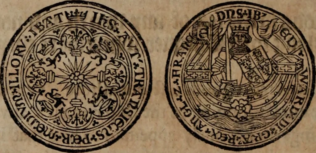 An illustration from Of the dominion, or, ownership of the sea two books. In the first is shew'd, that the sea, by the lavv of nature, or nations, is not common to all men, but capable of private dominion or proprietie, as well as the land. In the second is proved, that the dominion of the British sea, or that which incompasseth the isle of Great Britain, is, and ever hath been, a part or appendant of the empire of that island. Written at first in Latin, and entituled, Mare clausum seu, De dominio maris, by John Selden ... Translated into English; and set forth with som additional evidences and discourses, 1652, leaf 443