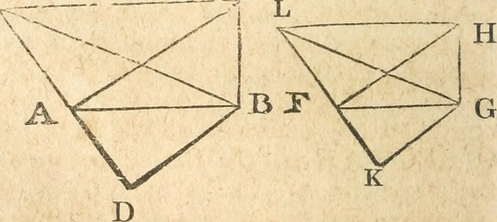An illustration from The elements of Euclid : viz, the first six books, together with the eleventh and twelfth : the errors, by which Theon, or others, have long ago vitiated these books, are corrected, and some of Euclid's demonstrations are restored : also, The book of Euclid's data, in like manner corrected, 1834, leaf 329