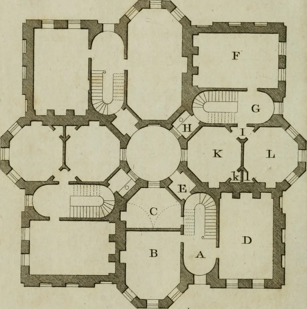 An illustration from Oikidia, or, Nutshells : being ichnographic distributions for small villas, chiefly upon oeconomical principles : in seven classes, with occasional remarks, 1785, leaf 111