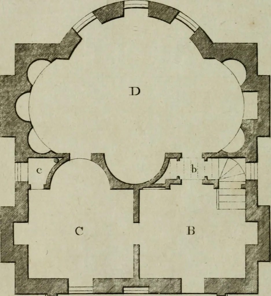 An illustration from Oikidia, or, Nutshells : being ichnographic distributions for small villas, chiefly upon oeconomical principles : in seven classes, with occasional remarks, 1785, leaf 51