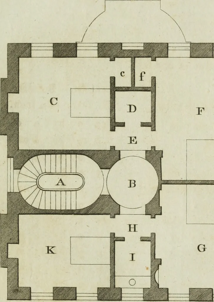 An illustration from Oikidia, or, Nutshells : being ichnographic distributions for small villas, chiefly upon oeconomical principles : in seven classes, with occasional remarks, 1785, leaf 78
