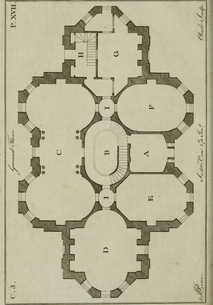 An illustration from Oikidia, or, Nutshells : being ichnographic distributions for small villas, chiefly upon oeconomical principles : in seven classes, with occasional remarks, 1785, leaf 87