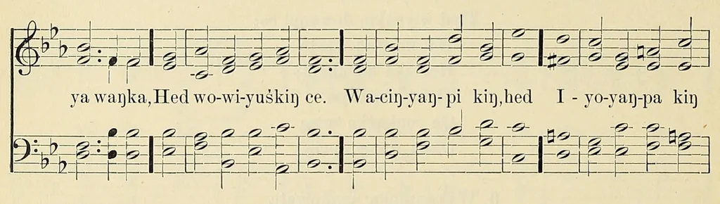 An illustration from Okodakiciye-wakan odowan qa okna ahiyayapi kta ho kin : Hymnal with tunes and chants, 1894, leaf 110