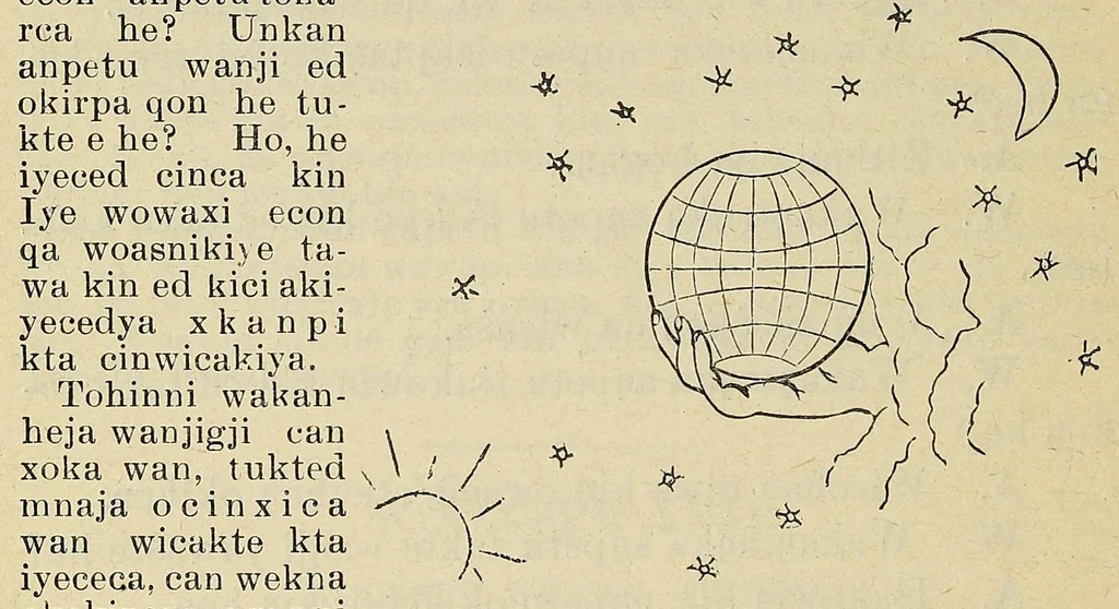 An illustration from Okodakigiye wakan wiwigawangapi iteowapi yukan, 1896, leaf 40