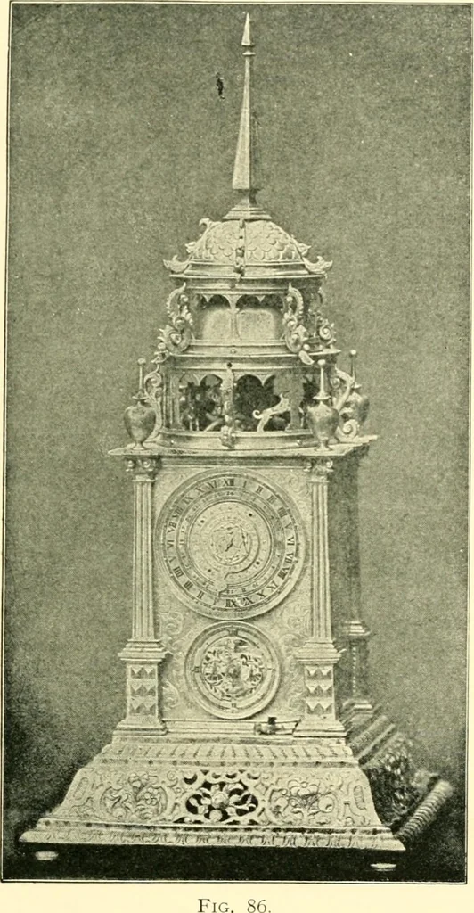 An illustration from Old clocks and watches & their makers, being an historical and descriptive account of the different styles of clocks and watches of the past, in England and abroad, to which is added a list of ten thousand makers, 1904, leaf 104